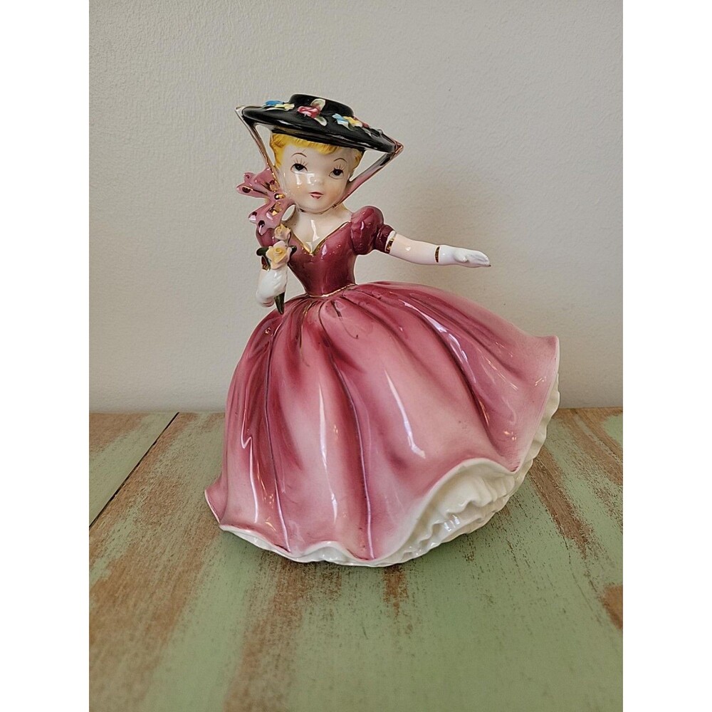 Adorable Vintage Large (6") Bonnet Lady in Pink Ceramic Figurine